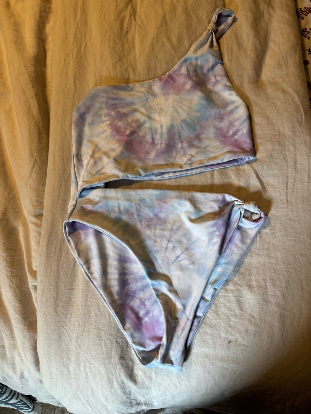 Skatie One-Shoulder Tie-Dye One-Piece Swimsuit in Pastel Blue and Purple
